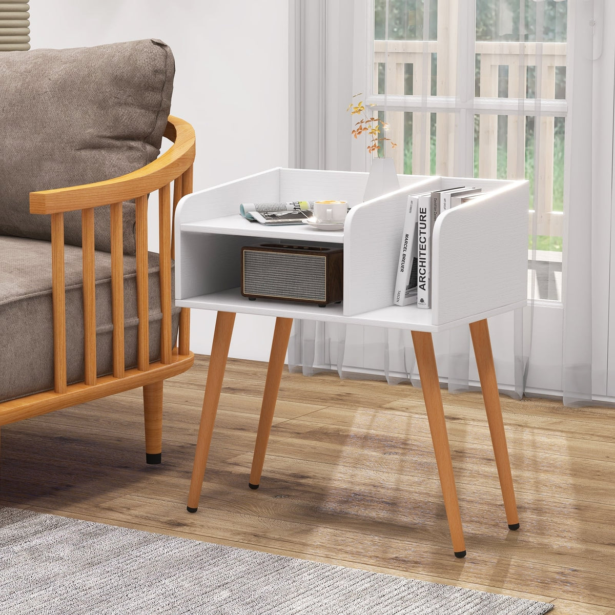 Mid Century Modern Nightstand with Open Shelves-White-Nightstands-DECOROLALA