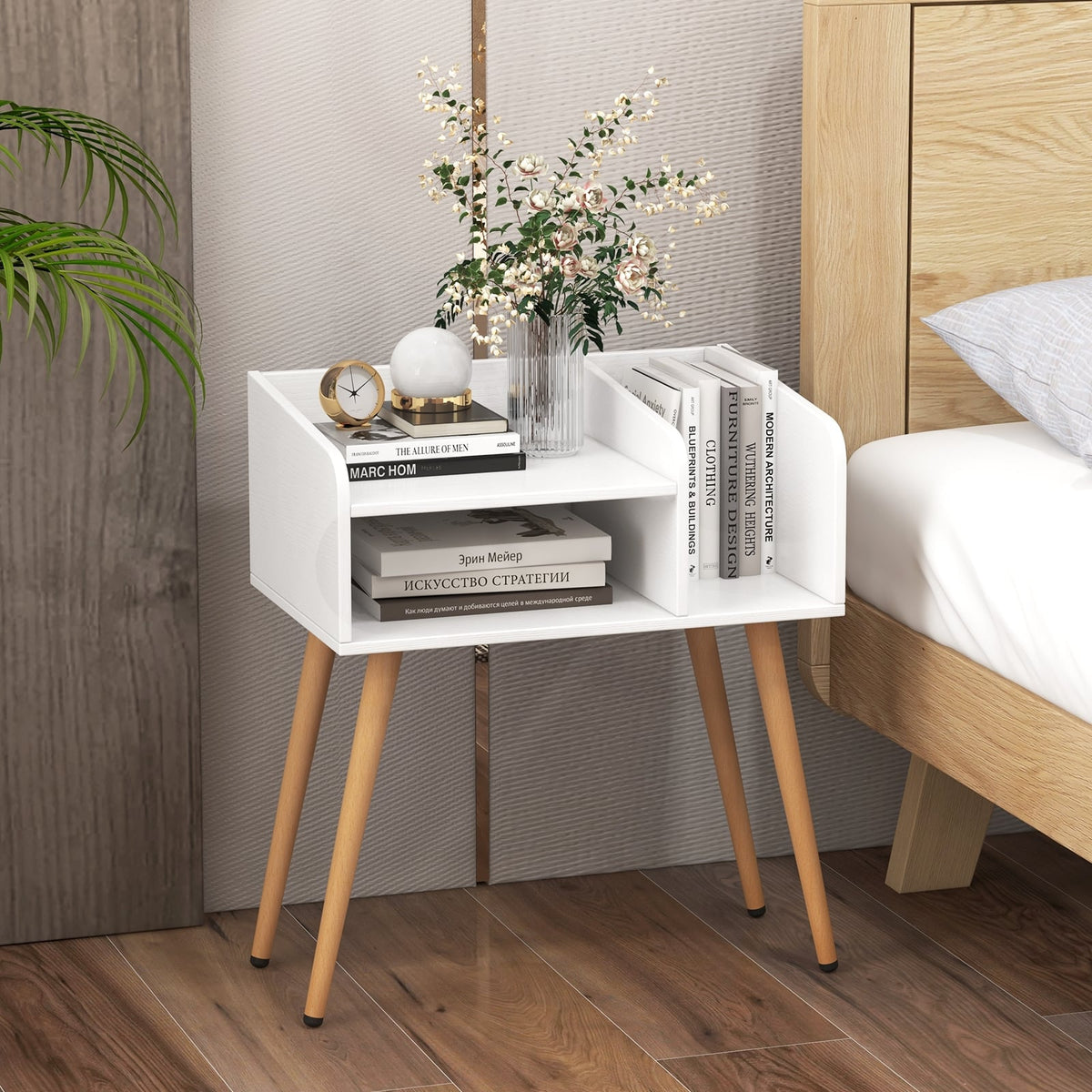 Mid Century Modern Nightstand with Open Shelves-White-Nightstands-DECOROLALA