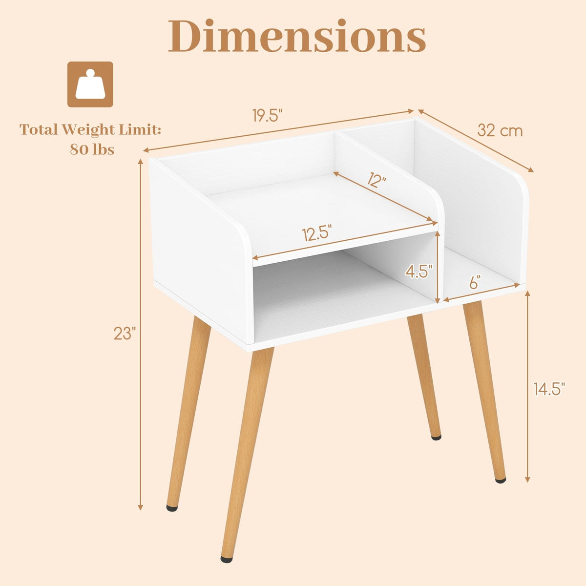 Mid Century Modern Nightstand with Open Shelves-White-Nightstands-DECOROLALA