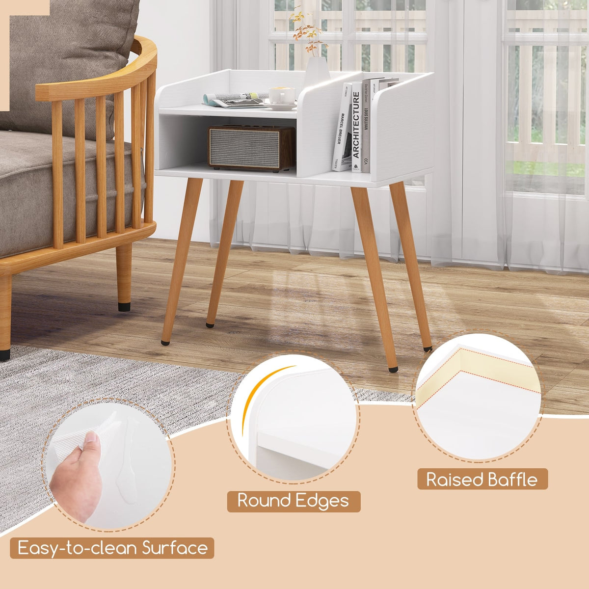 Mid Century Modern Nightstand with Open Shelves-White-Nightstands-DECOROLALA