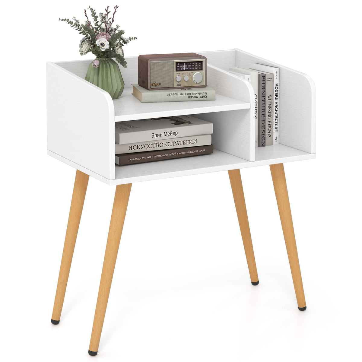 Mid Century Modern Nightstand with Open Shelves-White-Nightstands-DECOROLALA