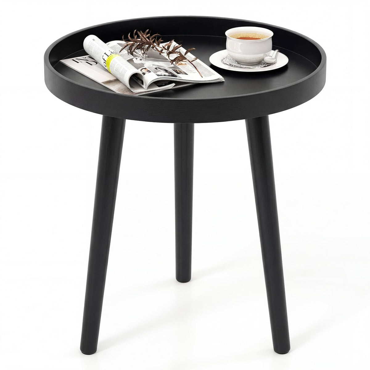 Mid Century Modern Round Side Sofa Coffee Table with Wooden Tray-Black-Coffee Tables-DECOROLALA