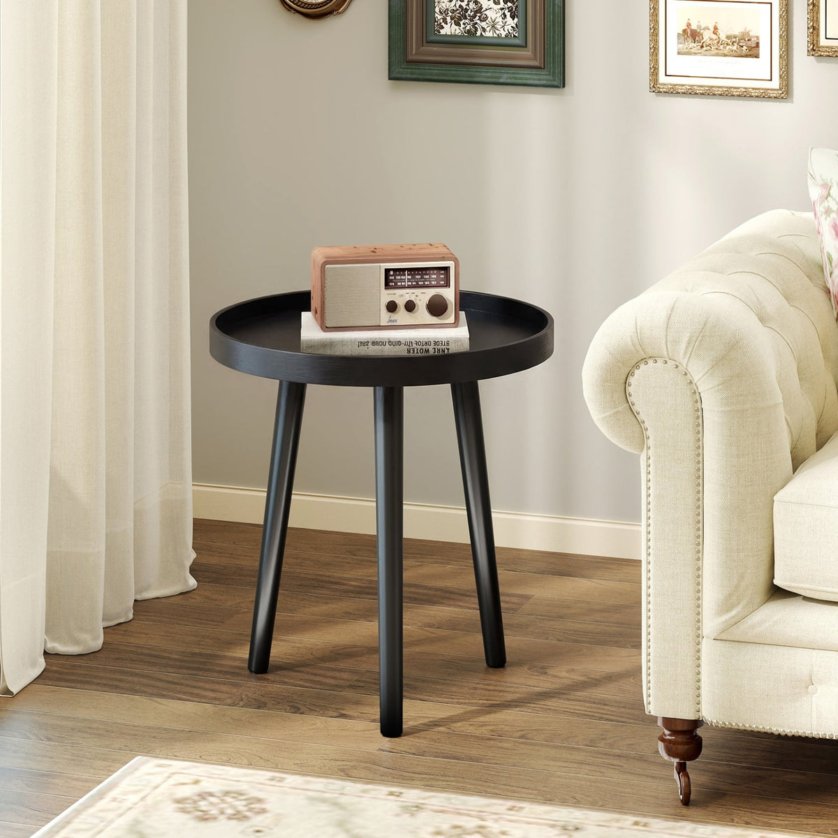 Mid Century Modern Round Side Sofa Coffee Table with Wooden Tray-Black-Coffee Tables-DECOROLALA