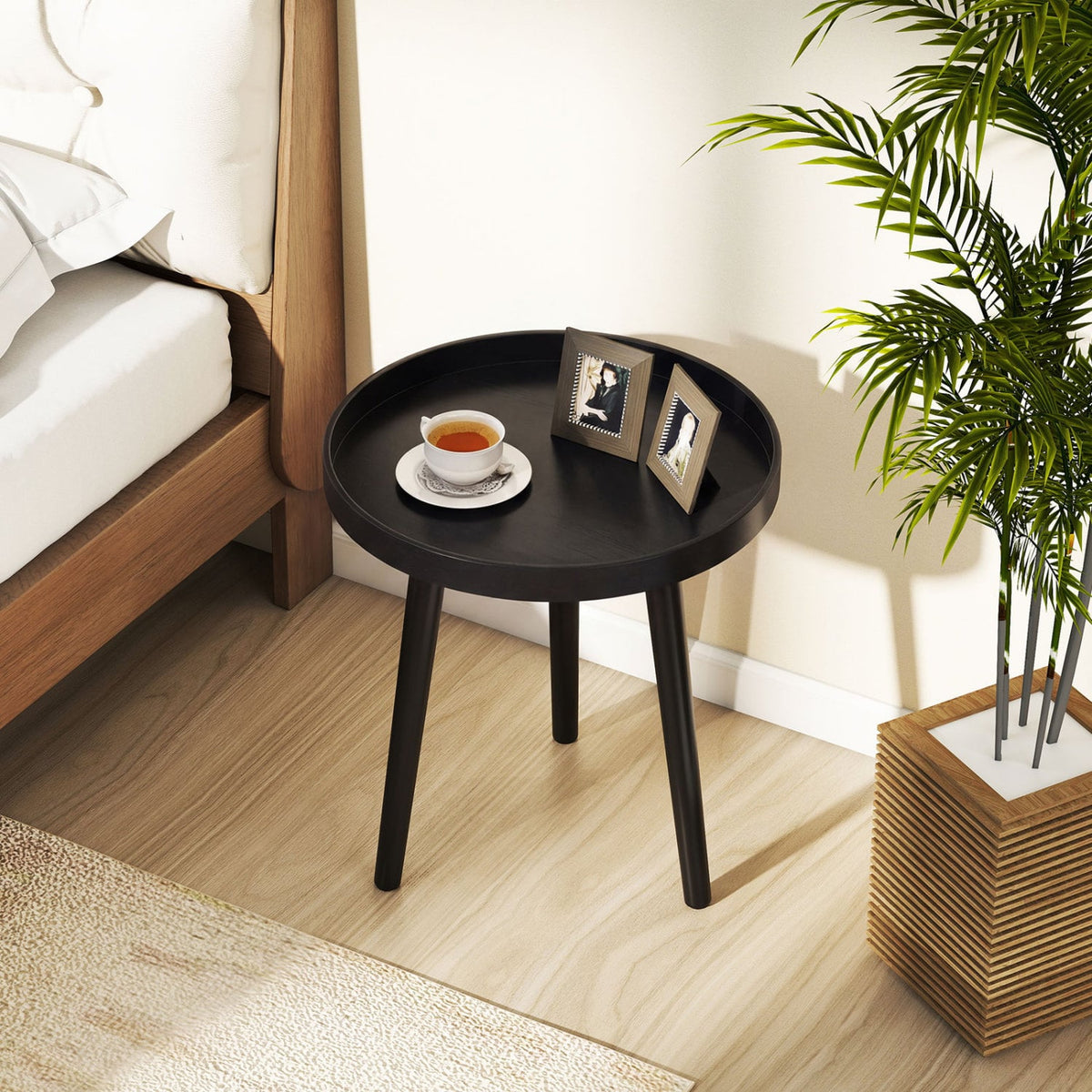 Mid Century Modern Round Side Sofa Coffee Table with Wooden Tray-Black-Coffee Tables-DECOROLALA