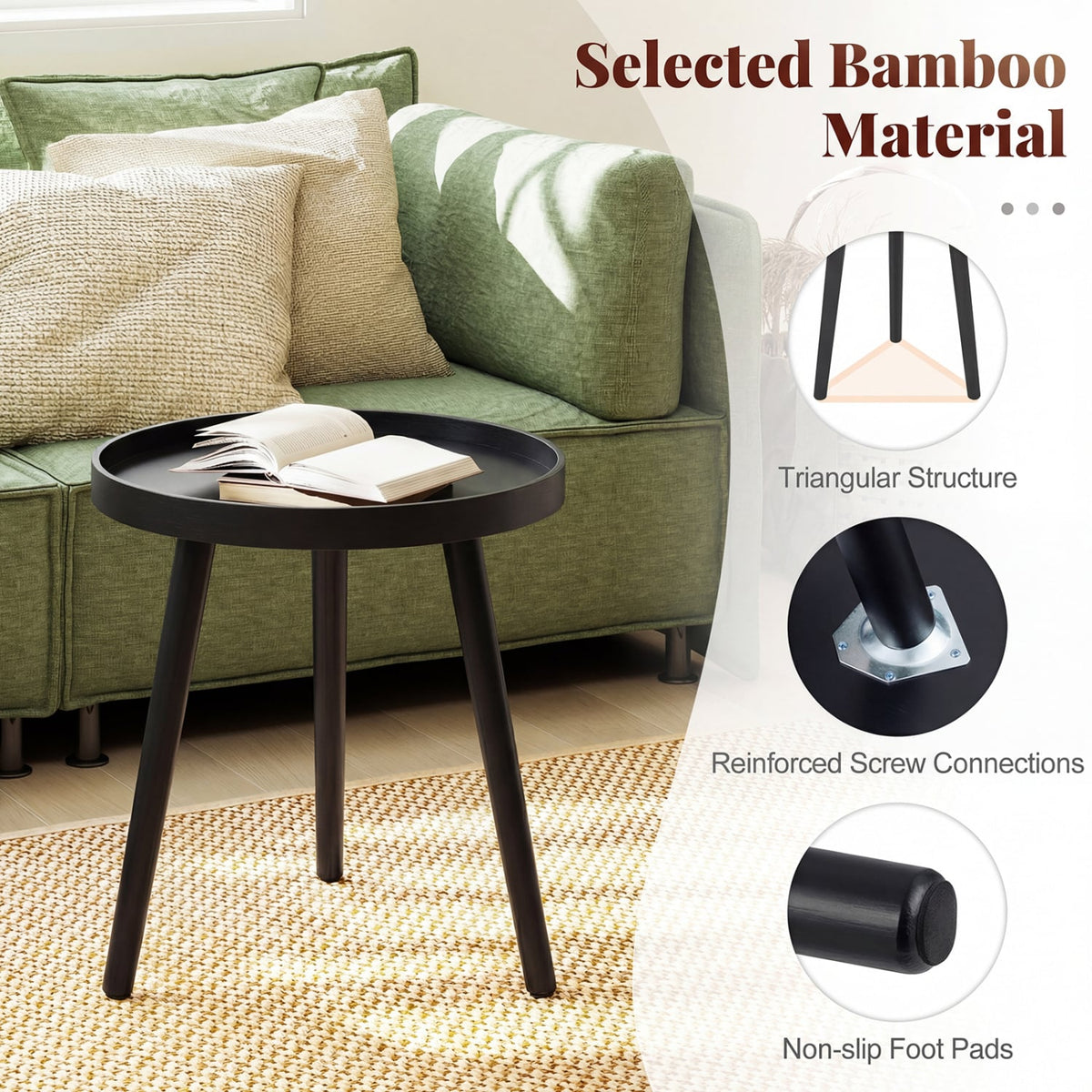 Mid Century Modern Round Side Sofa Coffee Table with Wooden Tray-Black-Coffee Tables-DECOROLALA