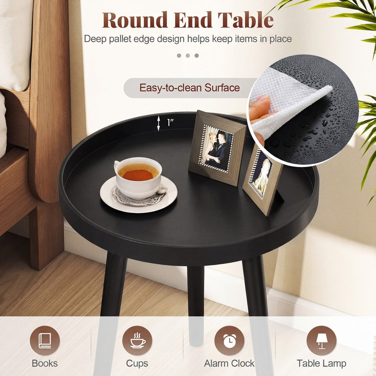 Mid Century Modern Round Side Sofa Coffee Table with Wooden Tray-Black-Coffee Tables-DECOROLALA