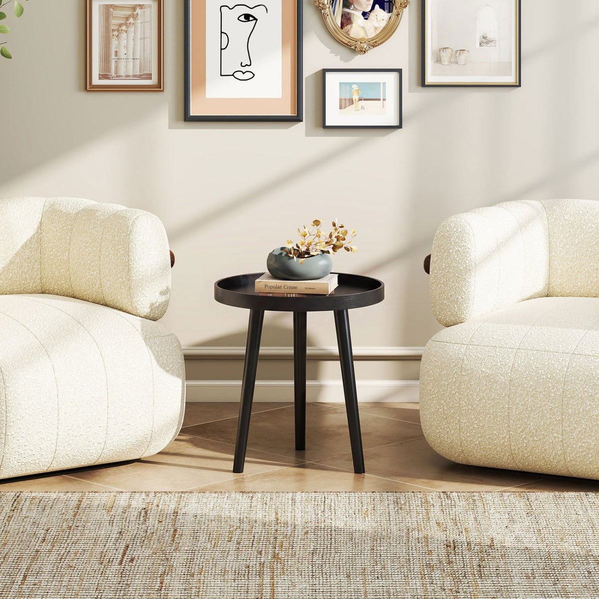 Mid Century Modern Round Side Sofa Coffee Table with Wooden Tray-Black-Coffee Tables-DECOROLALA