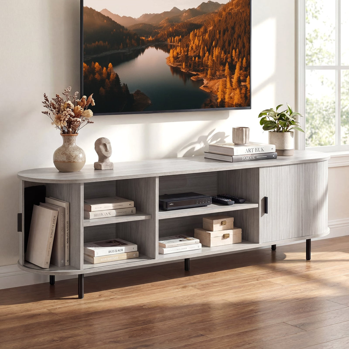 Mid-Century Modern TV Stand for 80 Inch TVs with Sliding Doors-Entertainment Centers & TV Stands-DECOROLALA