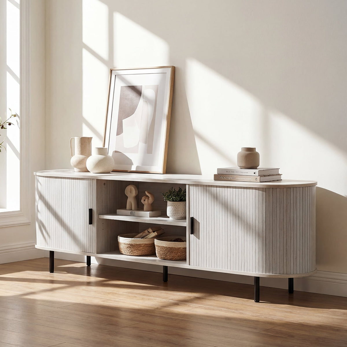 Mid-Century Modern TV Stand for 80 Inch TVs with Sliding Doors-Entertainment Centers & TV Stands-DECOROLALA