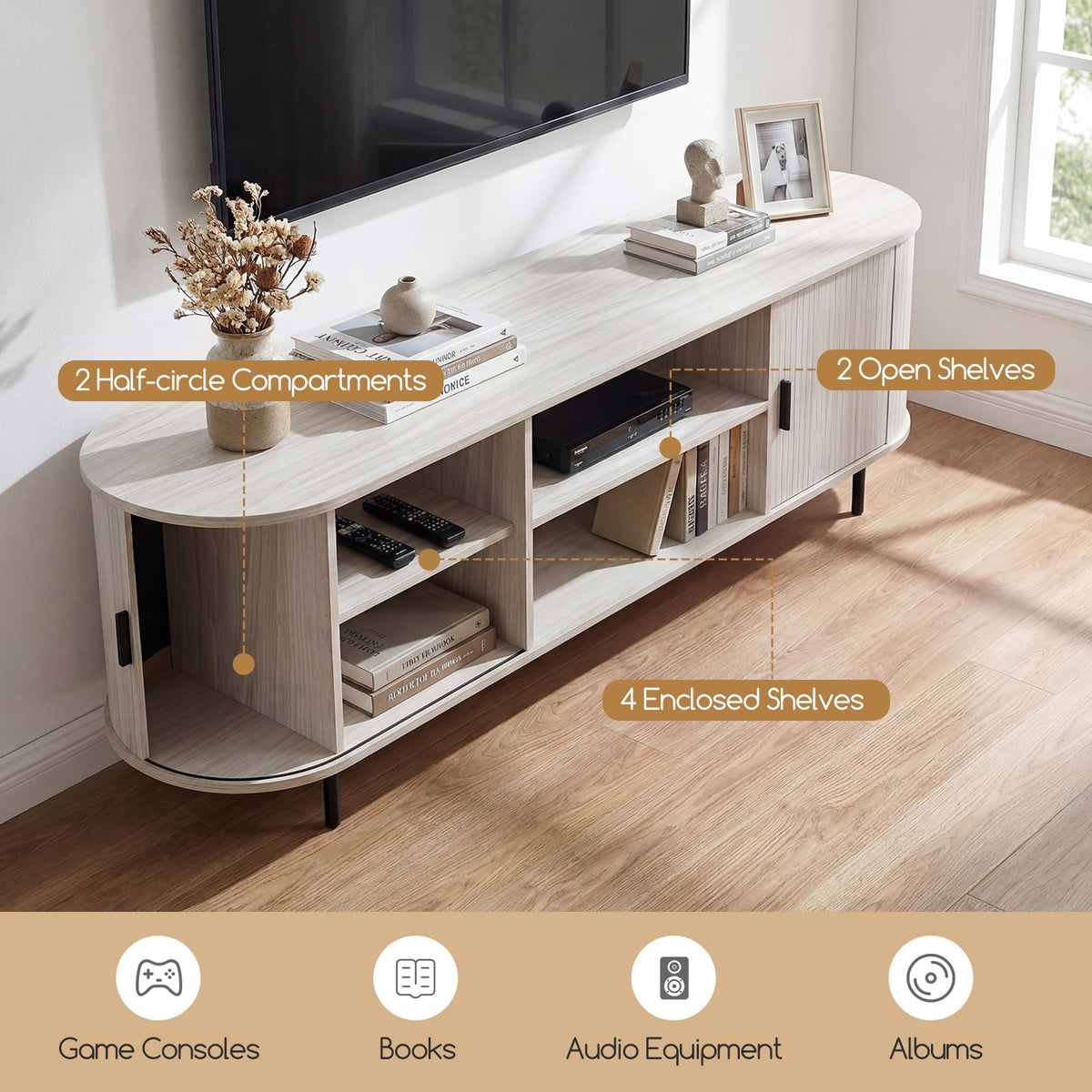 Mid-Century Modern TV Stand for 80 Inch TVs with Sliding Doors-Entertainment Centers & TV Stands-DECOROLALA
