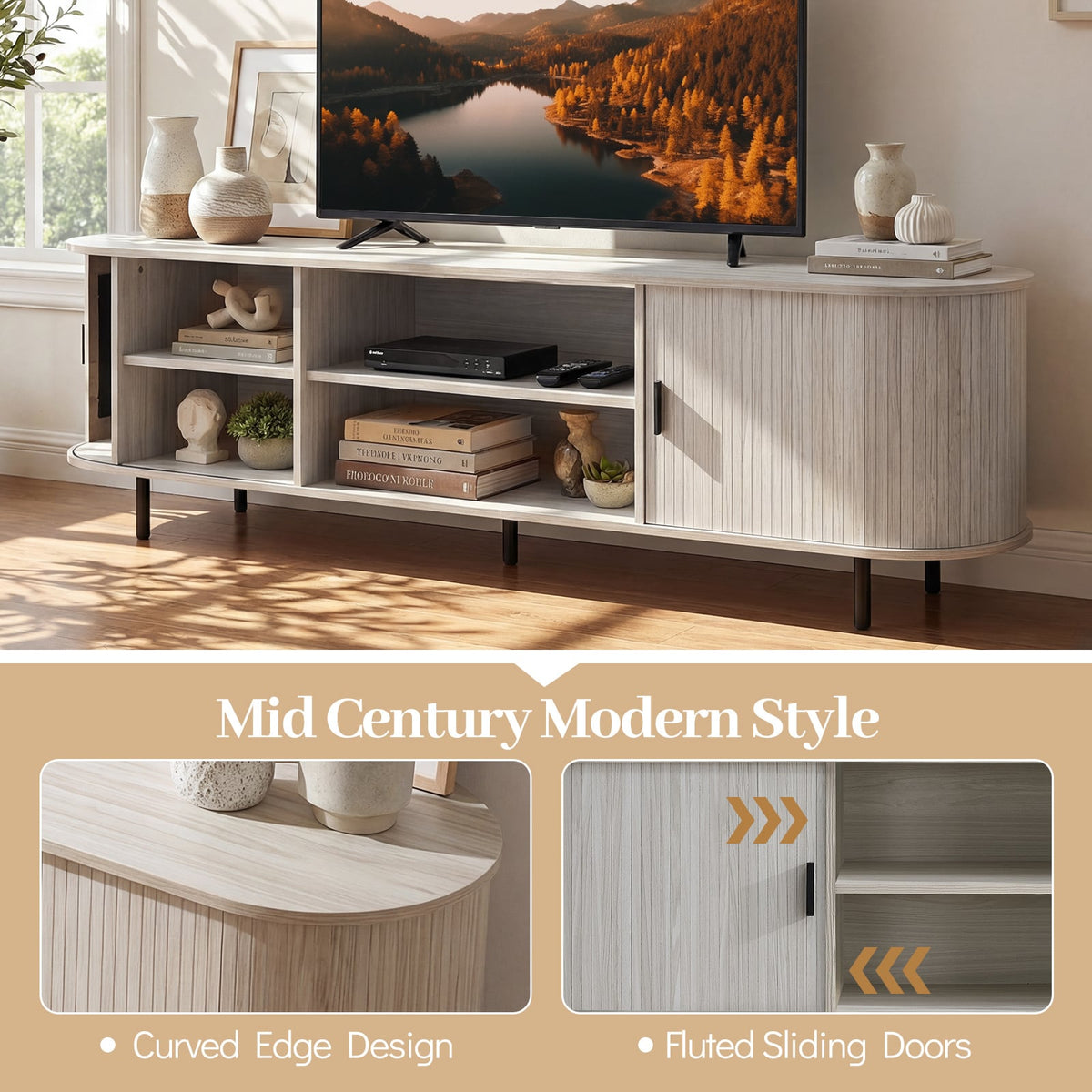 Mid-Century Modern TV Stand for 80 Inch TVs with Sliding Doors-Entertainment Centers & TV Stands-DECOROLALA