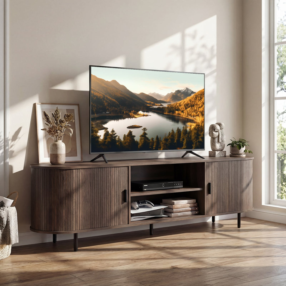 Mid-Century Modern TV Stand for 80" TVs with Fluted Doors - Walnut-Entertainment Centers & TV Stands-DECOROLALA