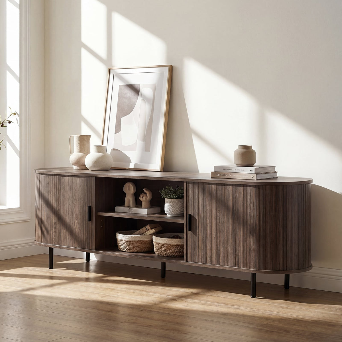 Mid-Century Modern TV Stand for 80" TVs with Fluted Doors - Walnut-Entertainment Centers & TV Stands-DECOROLALA