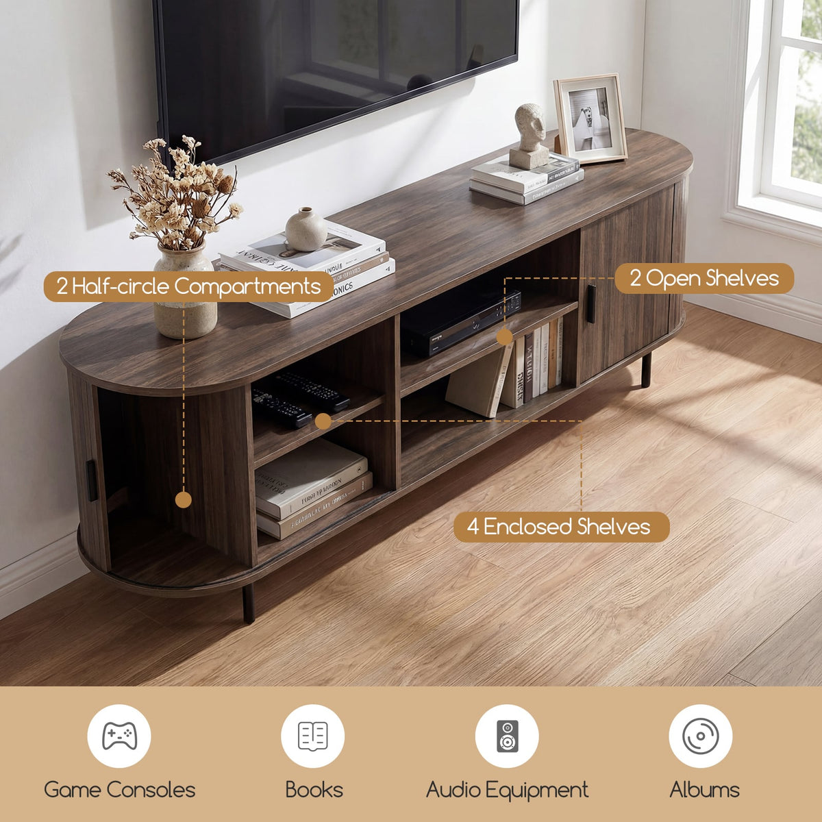Mid-Century Modern TV Stand for 80" TVs with Fluted Doors - Walnut-Entertainment Centers & TV Stands-DECOROLALA