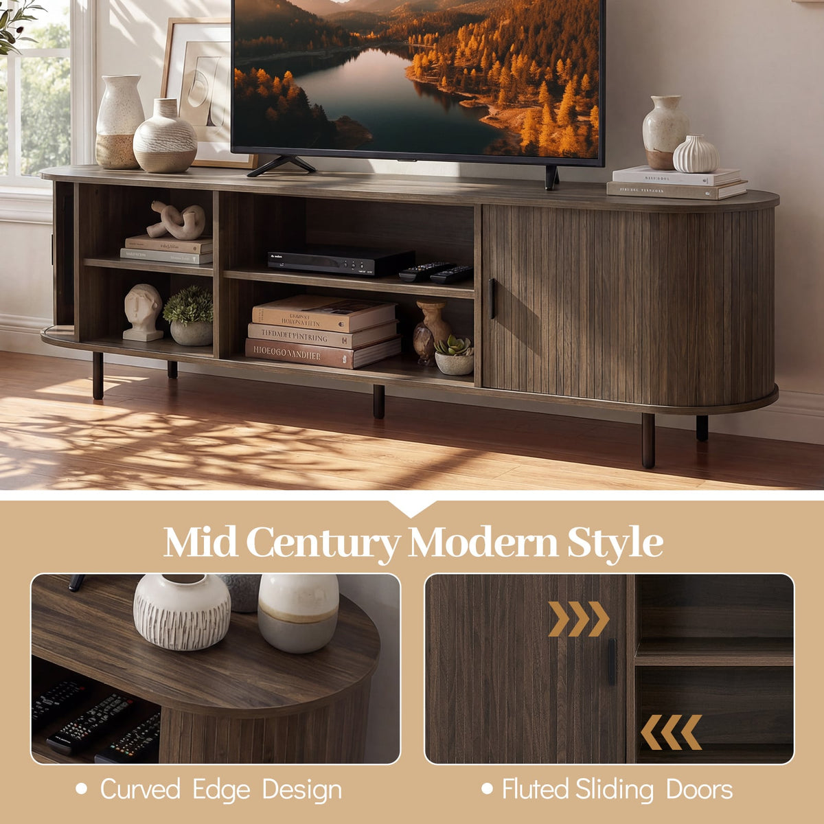 Mid-Century Modern TV Stand for 80" TVs with Fluted Doors - Walnut-Entertainment Centers & TV Stands-DECOROLALA