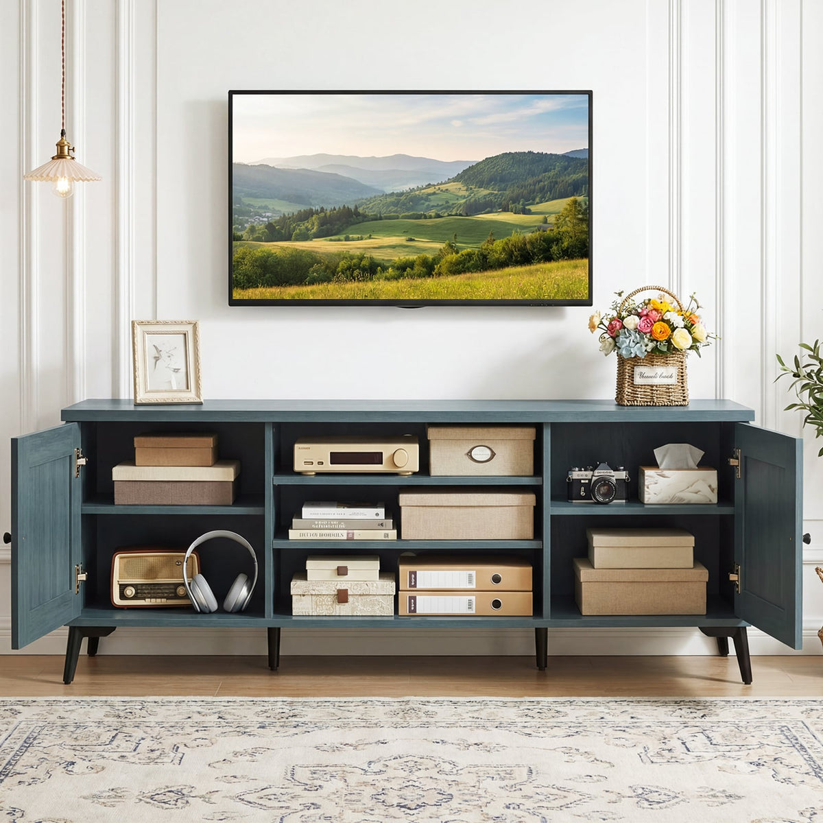 Mid-Century Modern TV Stand for TVs up to 65" - Turquoise 59"-Entertainment Centers & TV Stands-DECOROLALA