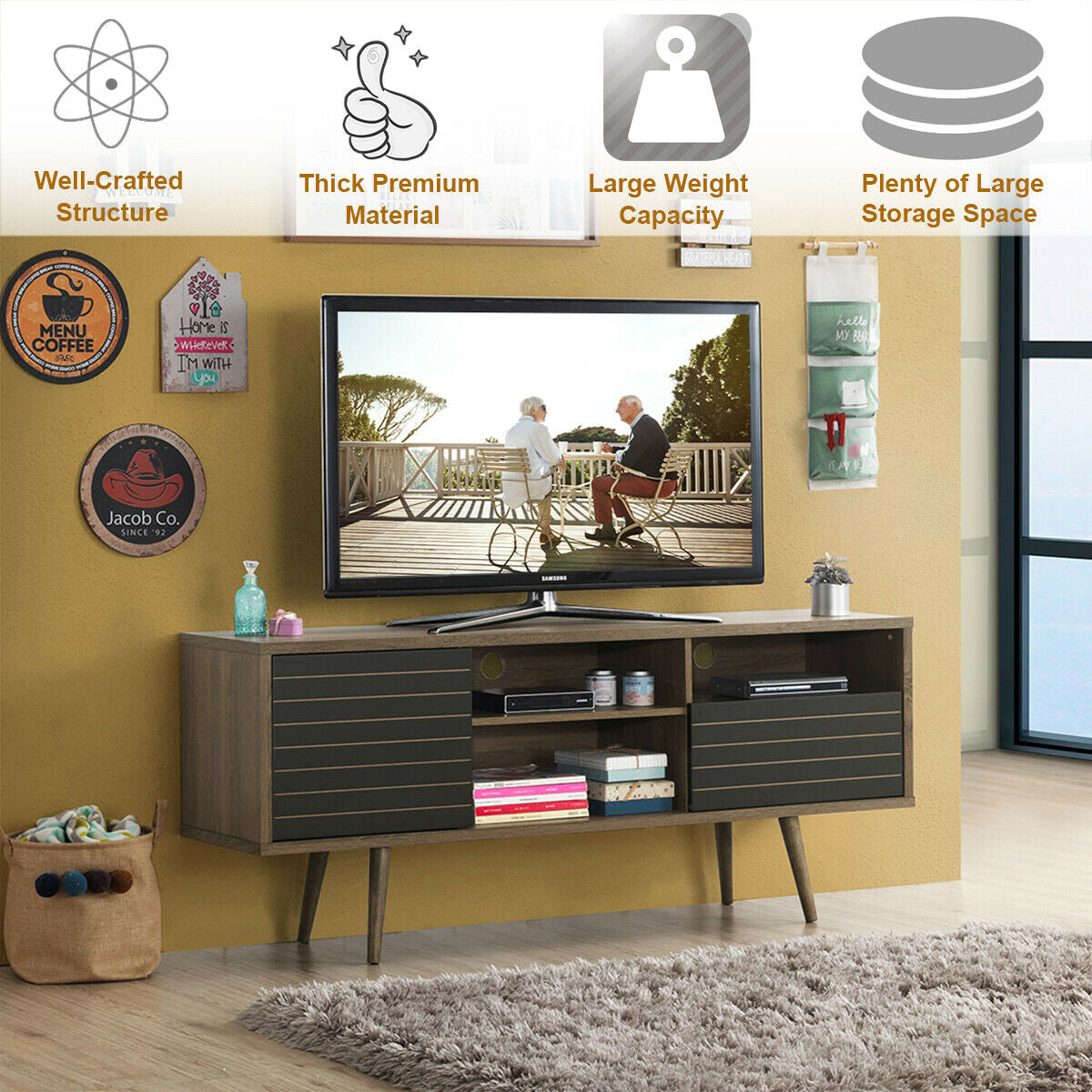 Mid-Century Modern TV Stand with Storage Shelves for TVs up to 65 Inch-Entertainment Centers & TV Stands-DECOROLALA