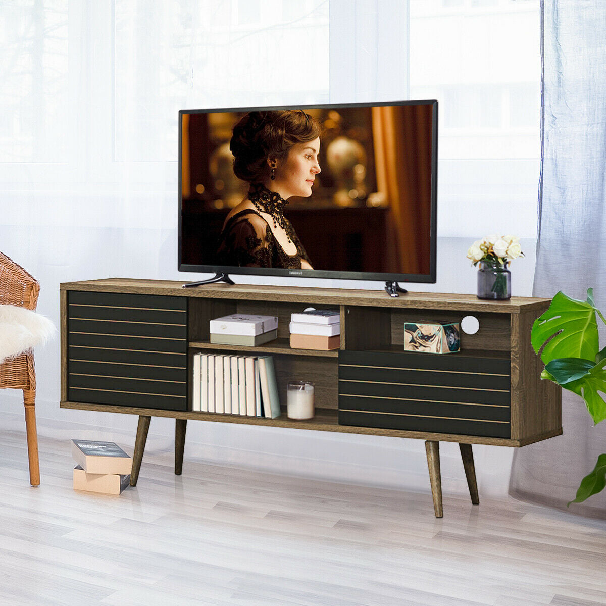 Mid-Century Modern TV Stand with Storage Shelves for TVs up to 65 Inch-Entertainment Centers & TV Stands-DECOROLALA