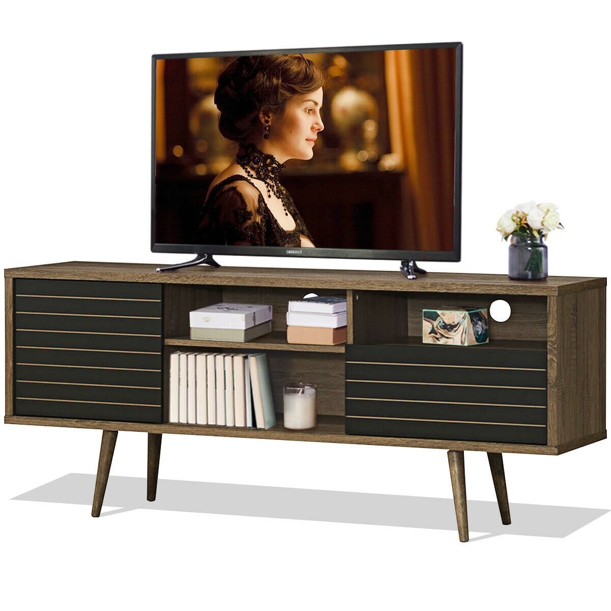 Mid-Century Modern TV Stand with Storage Shelves for TVs up to 65 Inch-Entertainment Centers & TV Stands-DECOROLALA