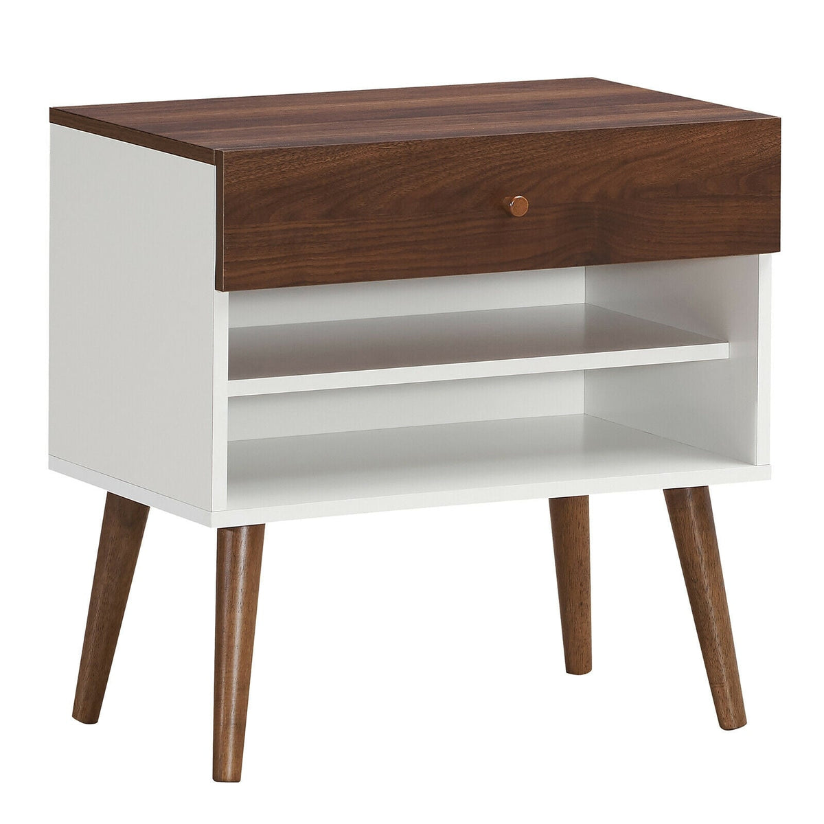 Mid-Century Nightstand with Drawer and Rubber Wood Legs-Nightstands-DECOROLALA