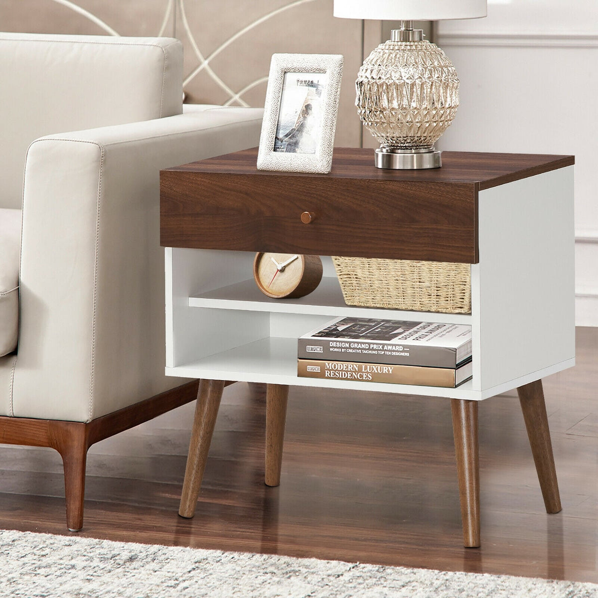 Mid-Century Nightstand with Drawer and Rubber Wood Legs-Nightstands-DECOROLALA