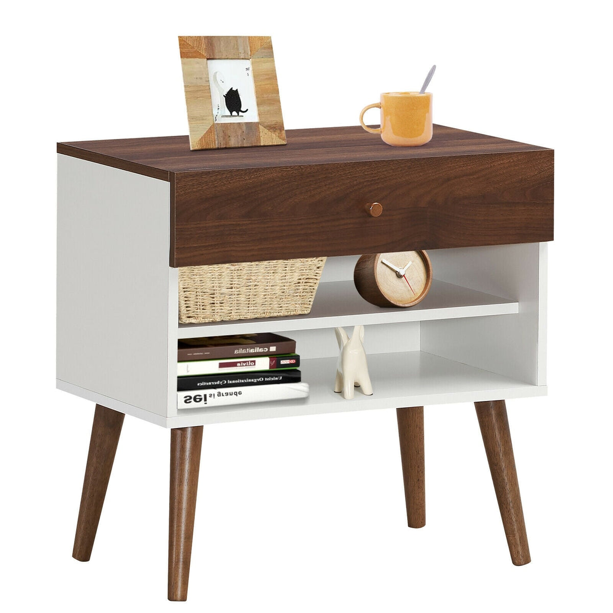 Mid-Century Nightstand with Drawer and Rubber Wood Legs-Nightstands-DECOROLALA