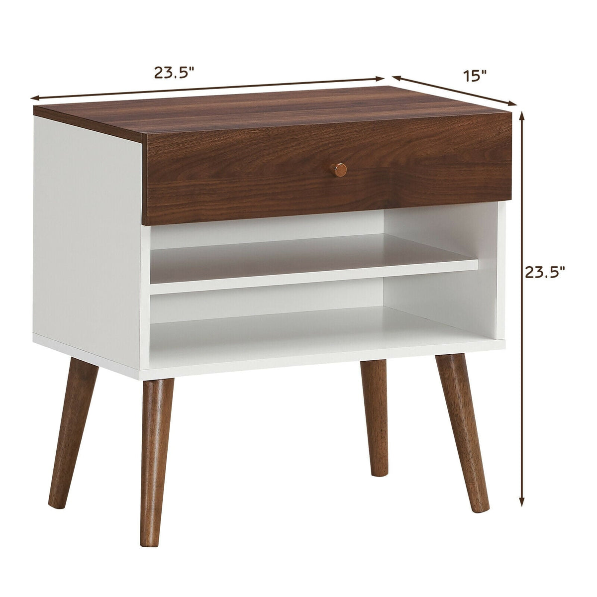 Mid-Century Nightstand with Drawer and Rubber Wood Legs-Nightstands-DECOROLALA