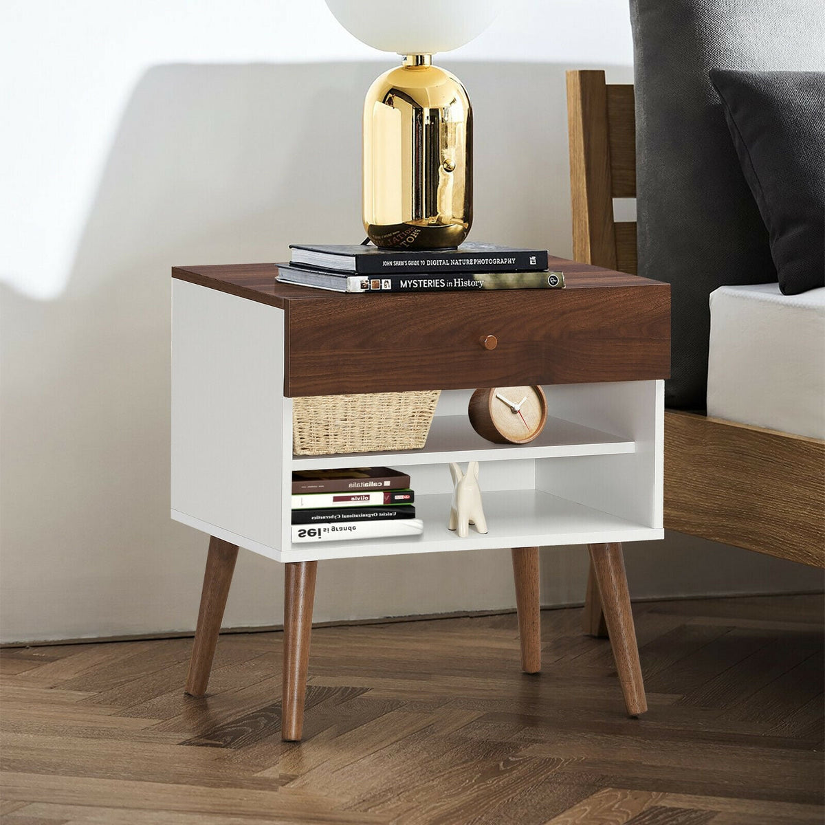 Mid-Century Nightstand with Drawer and Rubber Wood Legs-Nightstands-DECOROLALA