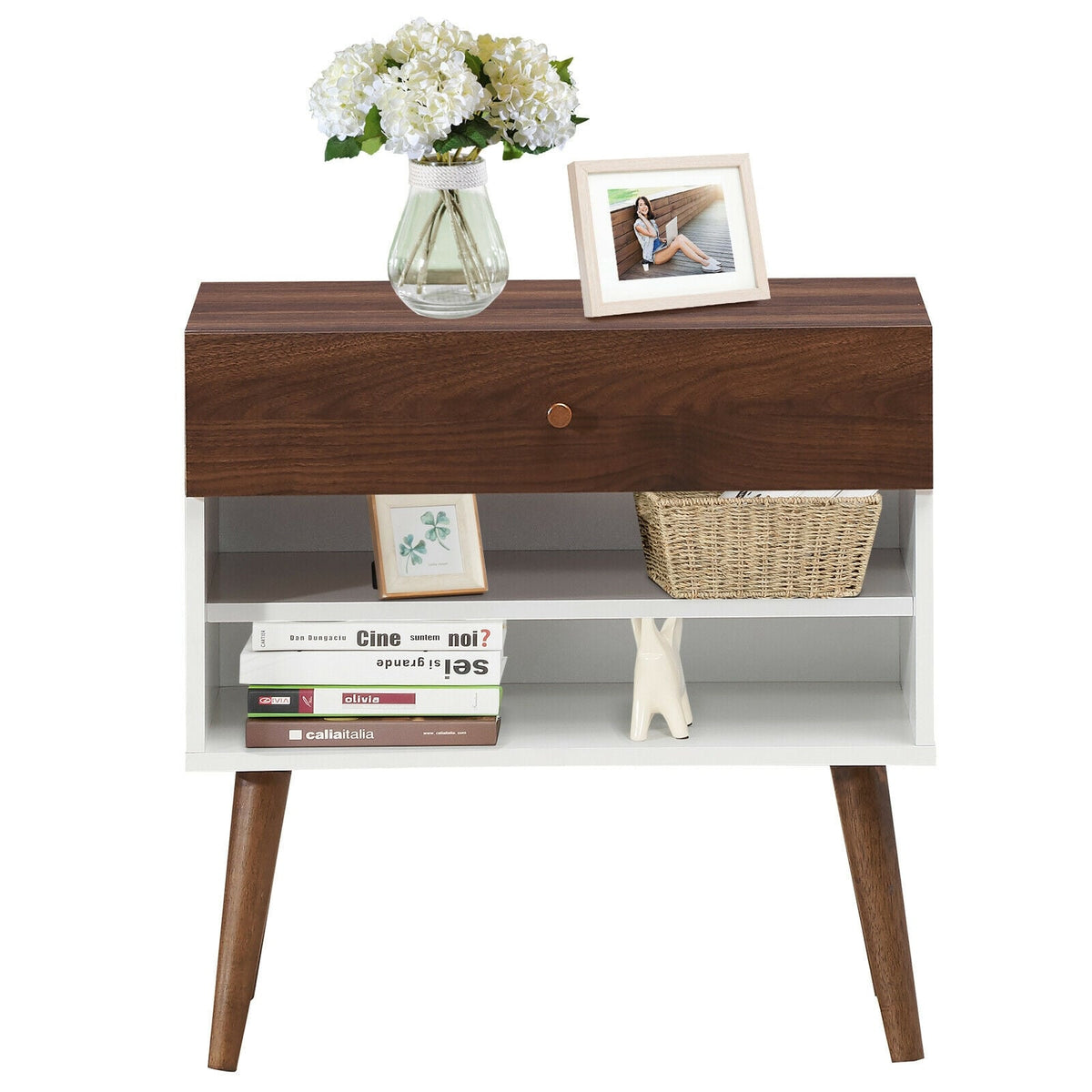 Mid-Century Nightstand with Drawer and Rubber Wood Legs-Nightstands-DECOROLALA