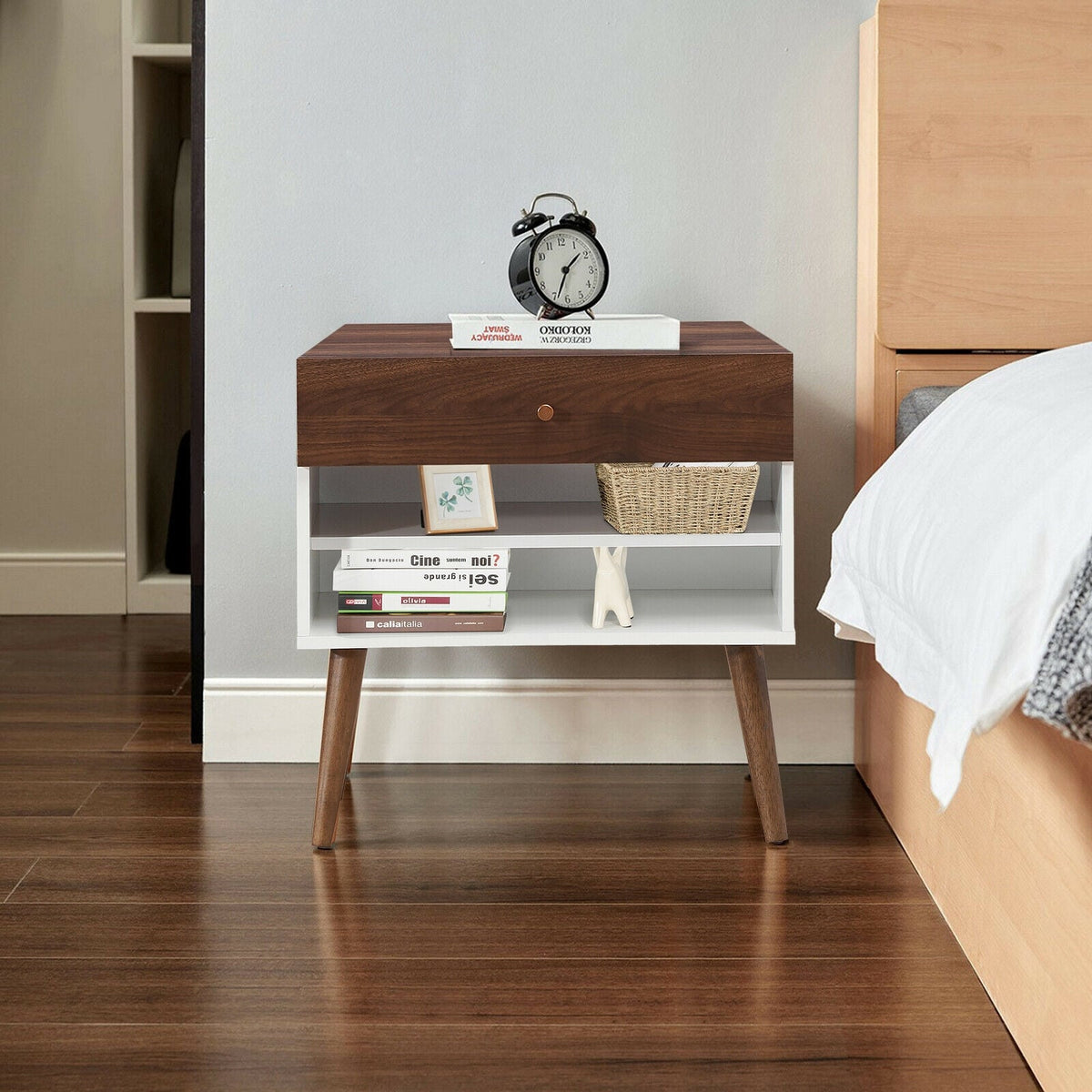 Mid-Century Nightstand with Drawer and Rubber Wood Legs-Nightstands-DECOROLALA