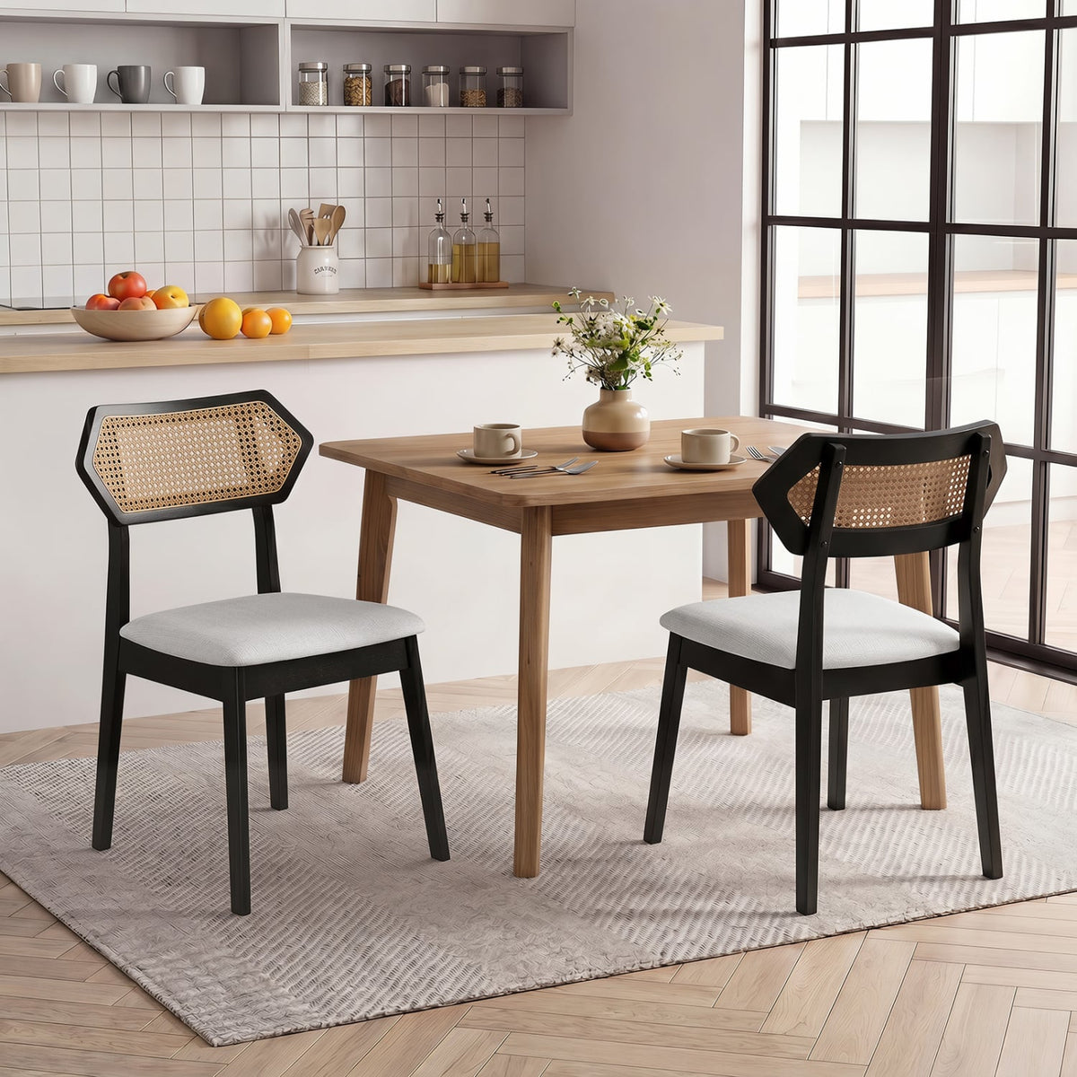 Mid Century Rattan Dining Chairs Set of 2 with Rattan Back and Solid Wood Frame-Black-Dining Chairs-DECOROLALA