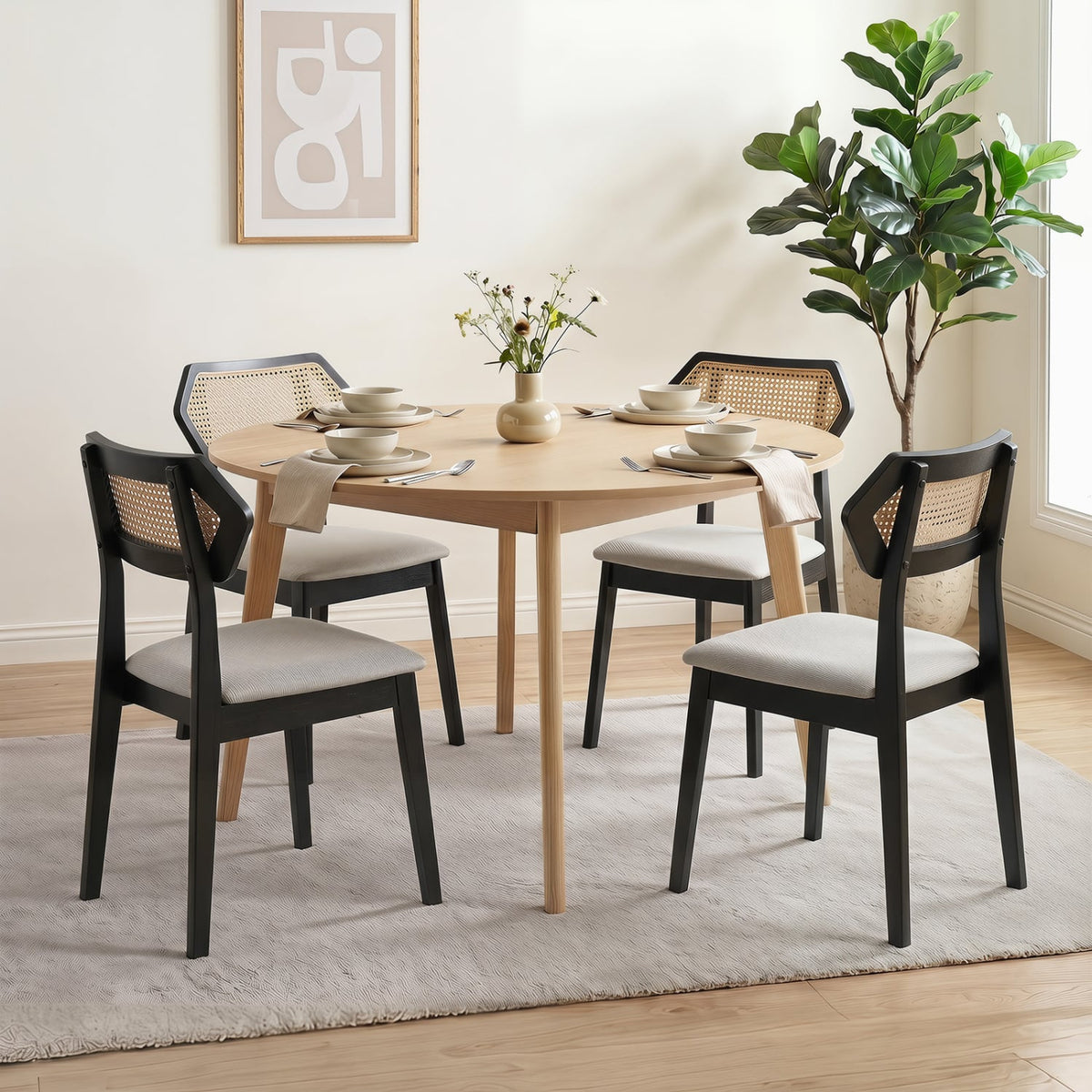 Mid Century Rattan Dining Chairs Set of 2 with Rattan Back and Solid Wood Frame-Black-Dining Chairs-DECOROLALA