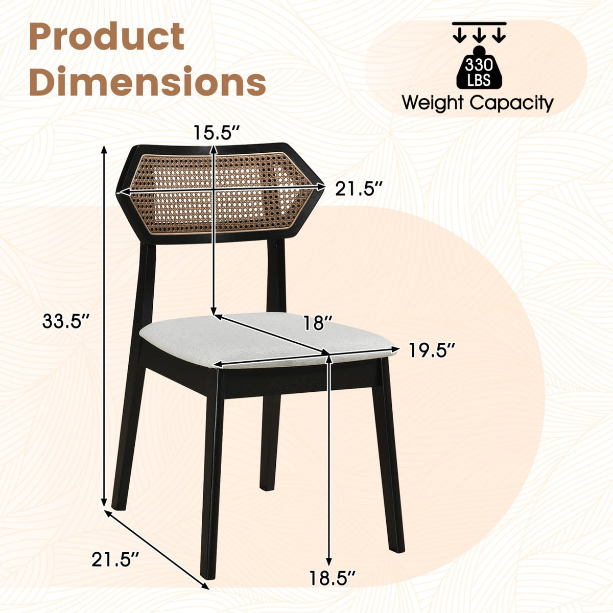 Mid Century Rattan Dining Chairs Set of 2 with Rattan Back and Solid Wood Frame-Black-Dining Chairs-DECOROLALA
