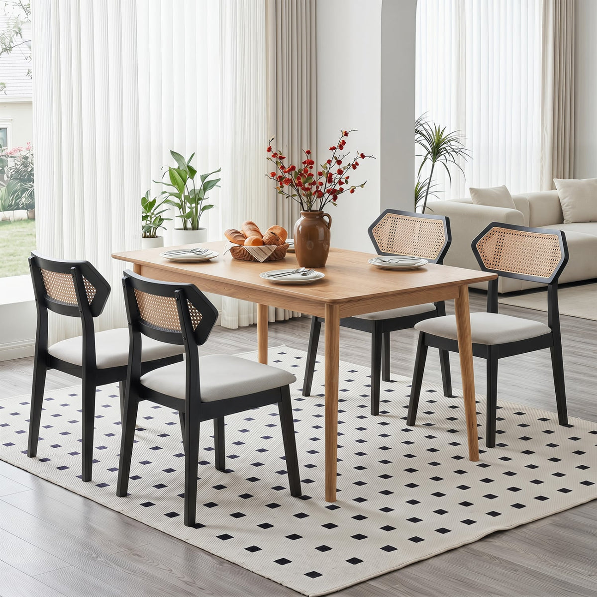 Mid Century Rattan Dining Chairs Set of 2 with Rattan Back and Solid Wood Frame-Black-Dining Chairs-DECOROLALA