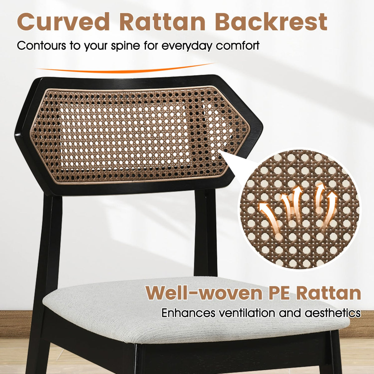 Mid Century Rattan Dining Chairs Set of 2 with Rattan Back and Solid Wood Frame-Black-Dining Chairs-DECOROLALA