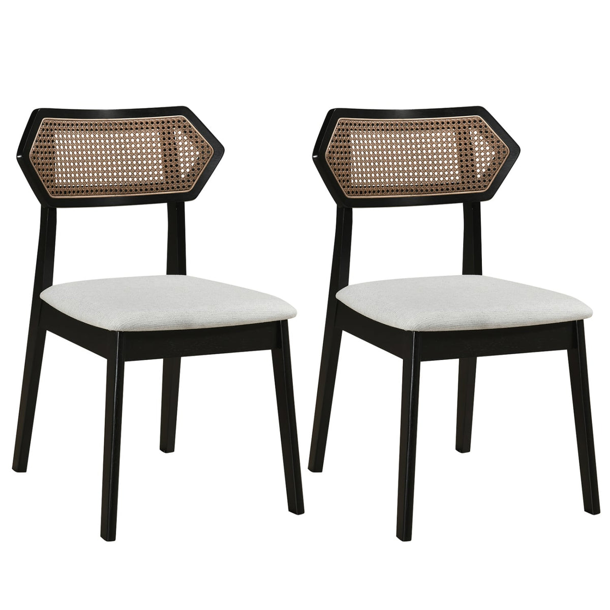 Mid Century Rattan Dining Chairs Set of 2 with Rattan Back and Solid Wood Frame-Black-Dining Chairs-DECOROLALA
