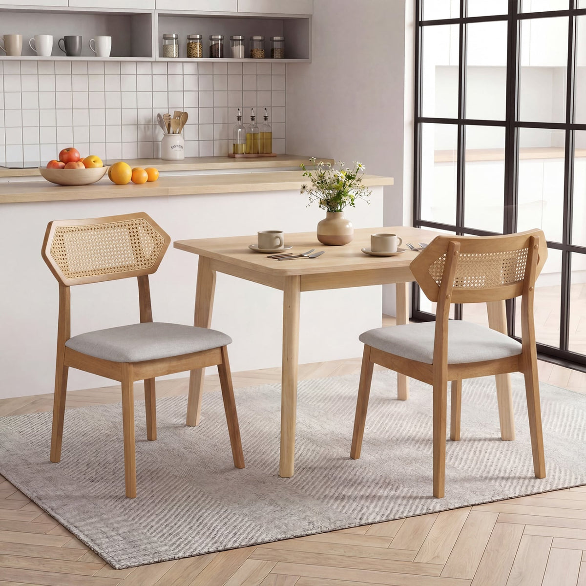 Mid Century Rattan Dining Chairs Set of 2 with Rattan Back and Solid Wood Frame-Natural-Dining Chairs-DECOROLALA