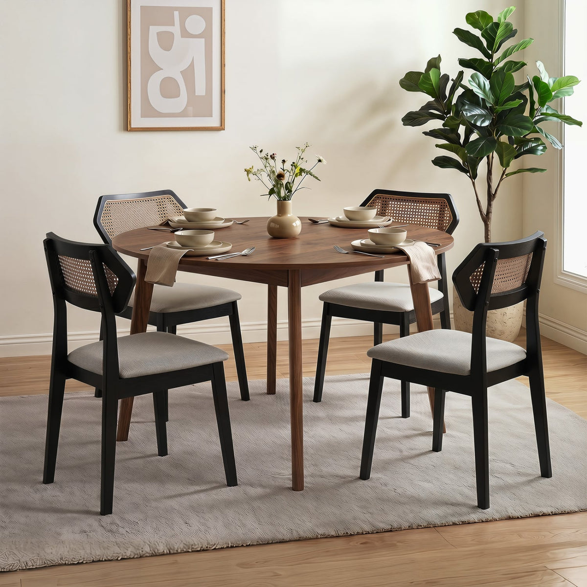 Mid Century Rattan Dining Chairs Set of 4 with Rattan Back-Black-Dining Chairs-DECOROLALA