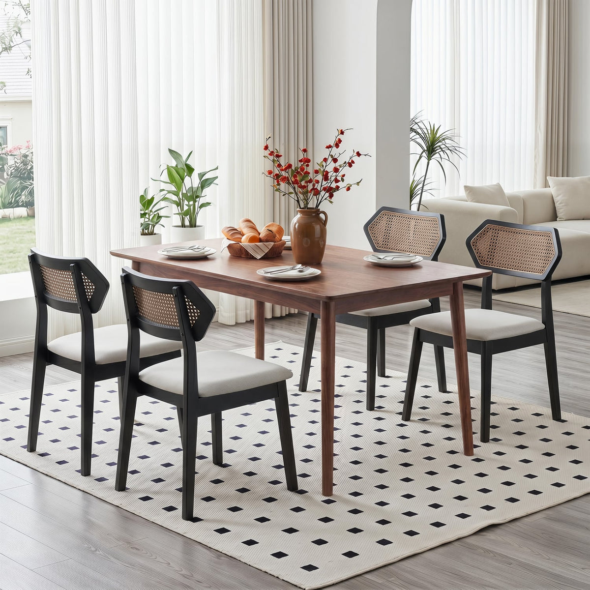 Mid Century Rattan Dining Chairs Set of 4 with Rattan Back-Black-Dining Chairs-DECOROLALA