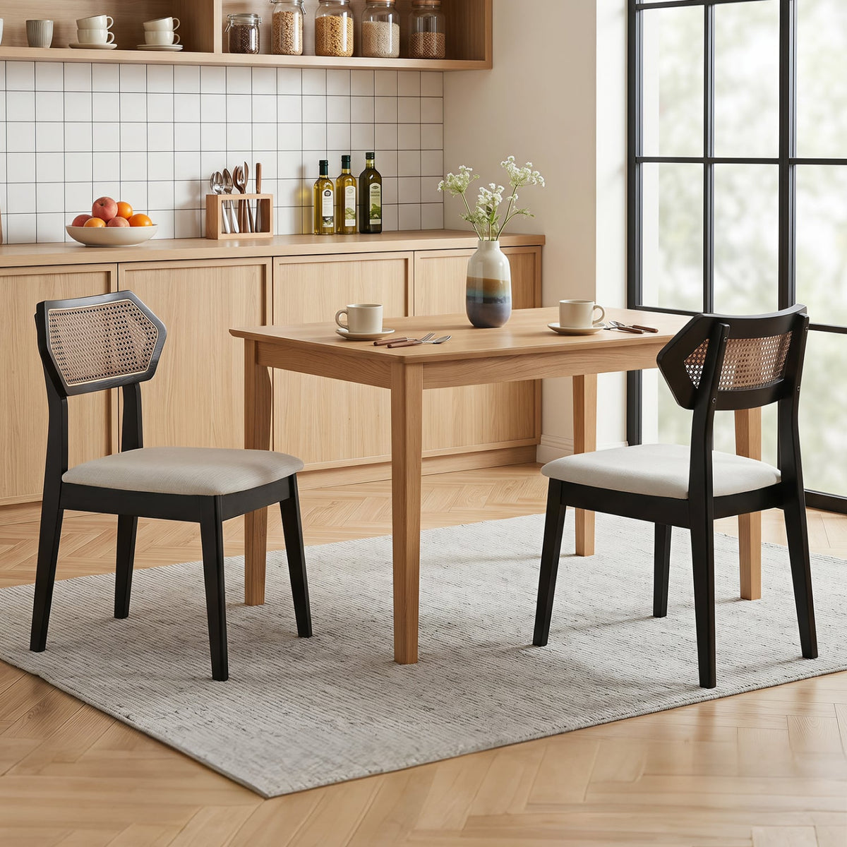 Mid Century Rattan Dining Chairs Set of 4 with Rattan Back-Black-Dining Chairs-DECOROLALA