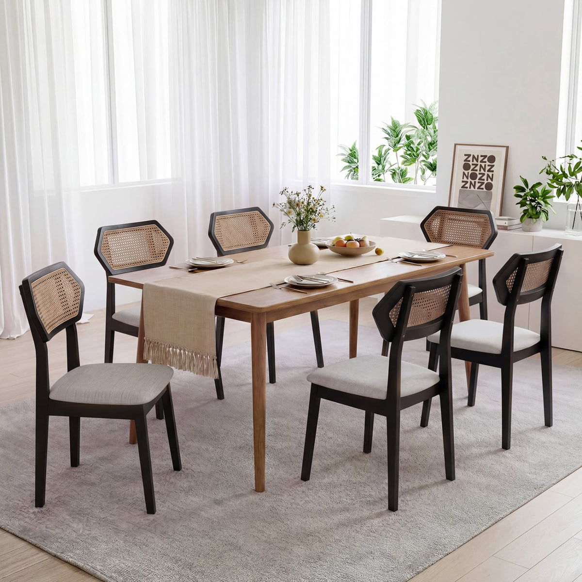 Mid Century Rattan Dining Chairs Set of 4 with Rattan Back-Black-Dining Chairs-DECOROLALA
