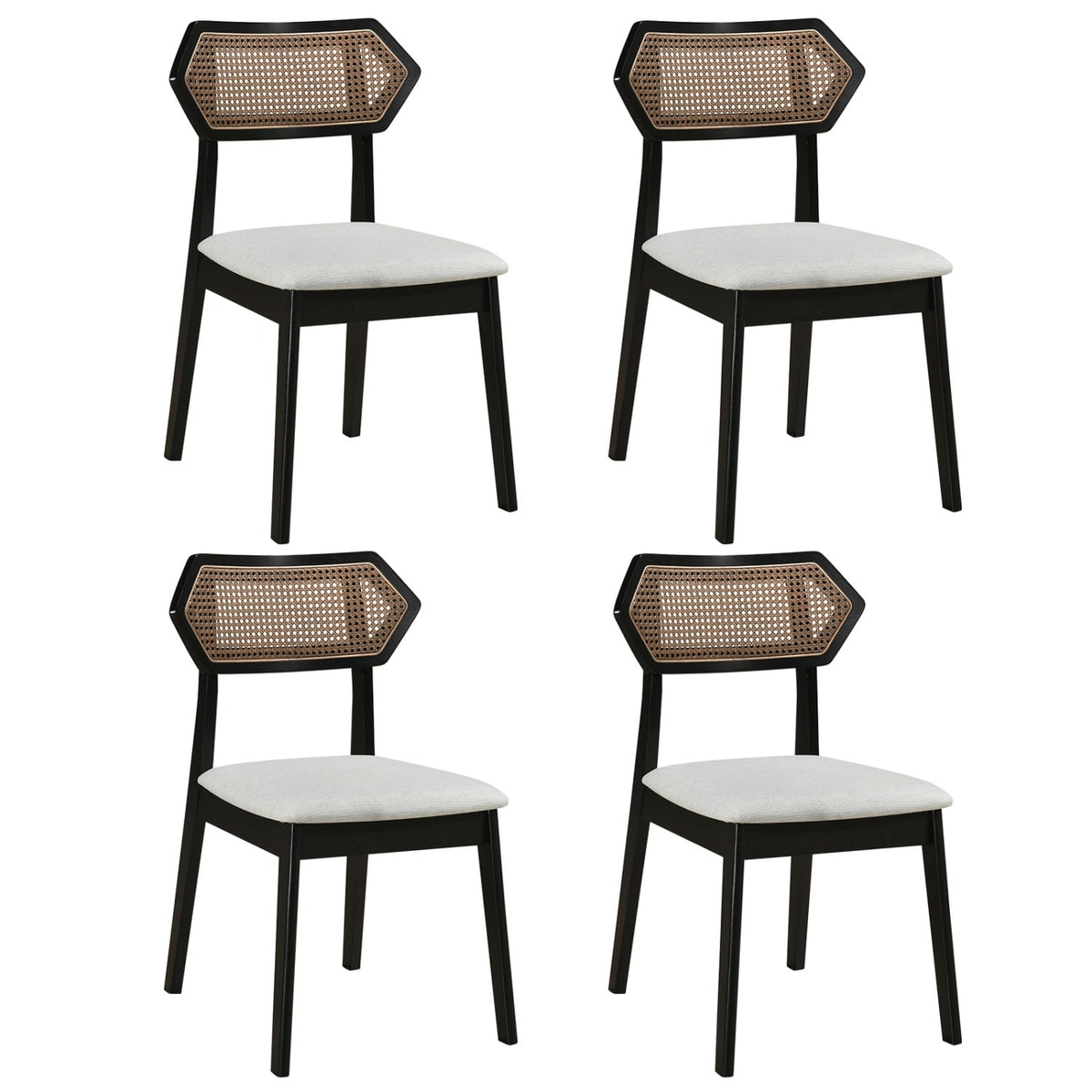 Mid Century Rattan Dining Chairs Set of 4 with Rattan Back-Black-Dining Chairs-DECOROLALA