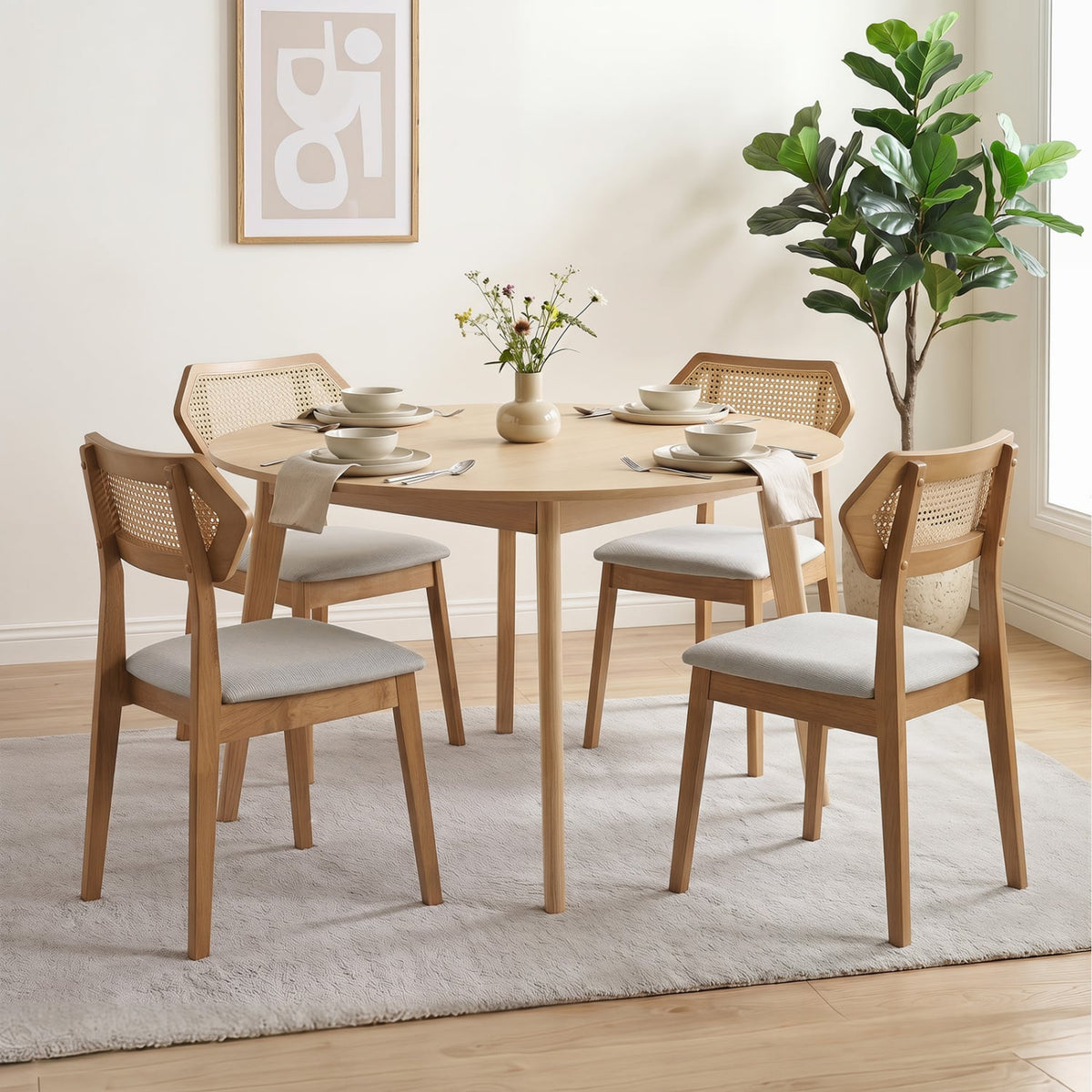 Mid Century Rattan Dining Chairs Set of 4 with Rattan Back-Natural-Dining Chairs-DECOROLALA