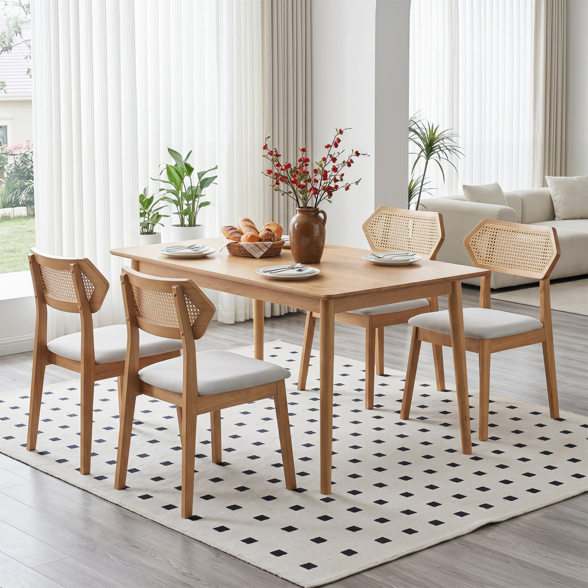 Mid Century Rattan Dining Chairs Set of 4 with Rattan Back-Natural-Dining Chairs-DECOROLALA