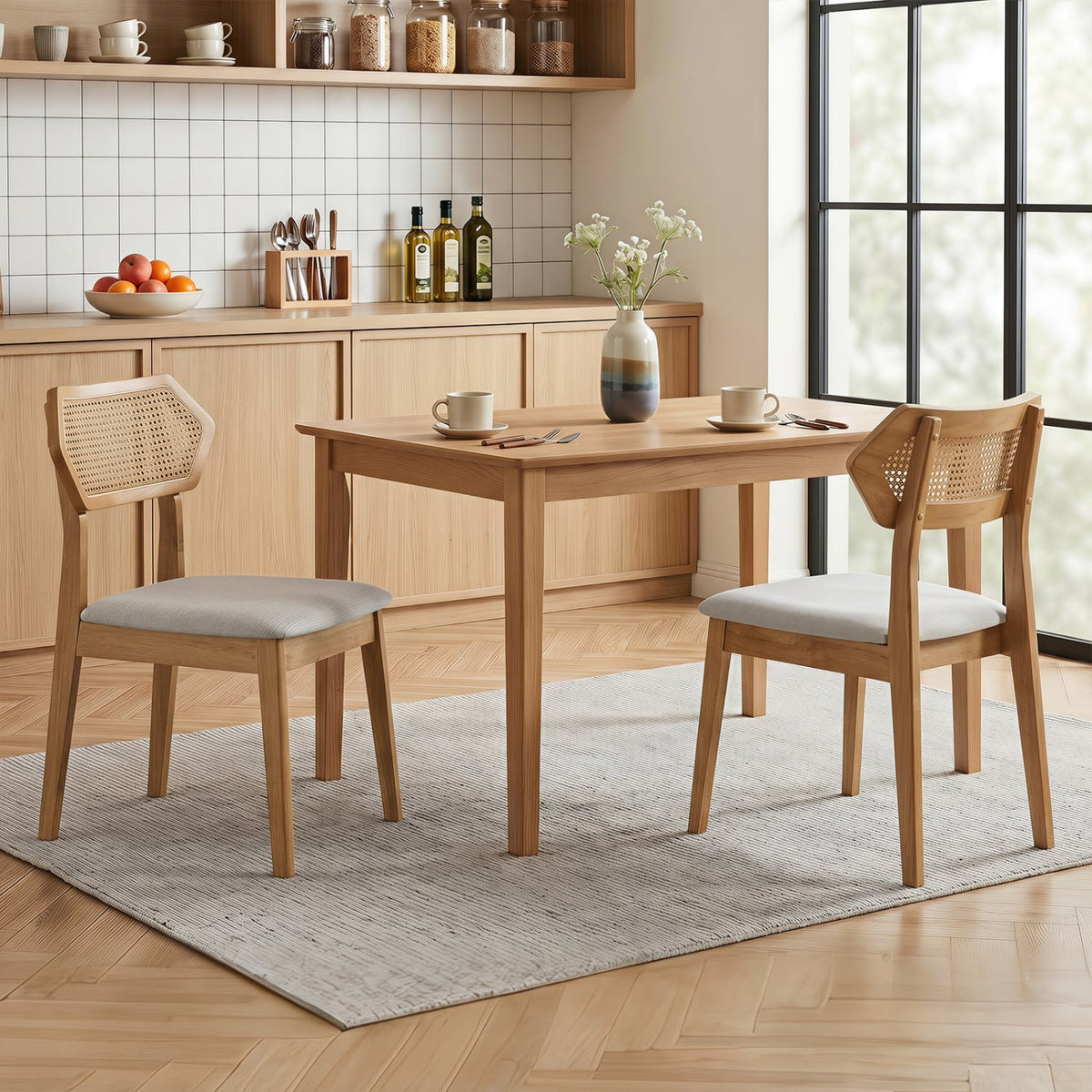 Mid Century Rattan Dining Chairs Set of 4 with Rattan Back-Natural-Dining Chairs-DECOROLALA