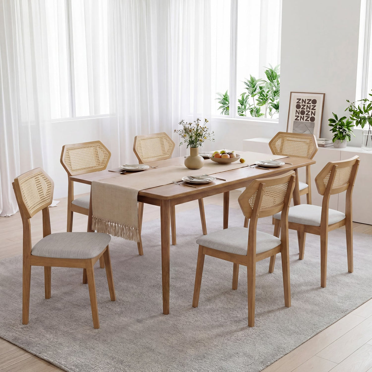Mid Century Rattan Dining Chairs Set of 4 with Rattan Back-Natural-Dining Chairs-DECOROLALA