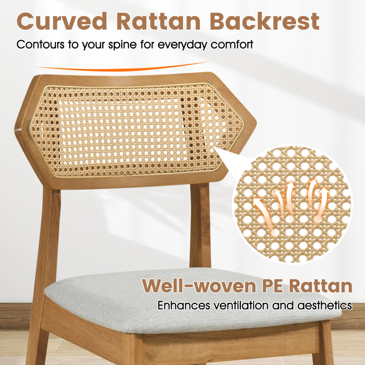 Mid Century Rattan Dining Chairs Set of 4 with Rattan Back-Natural-Dining Chairs-DECOROLALA