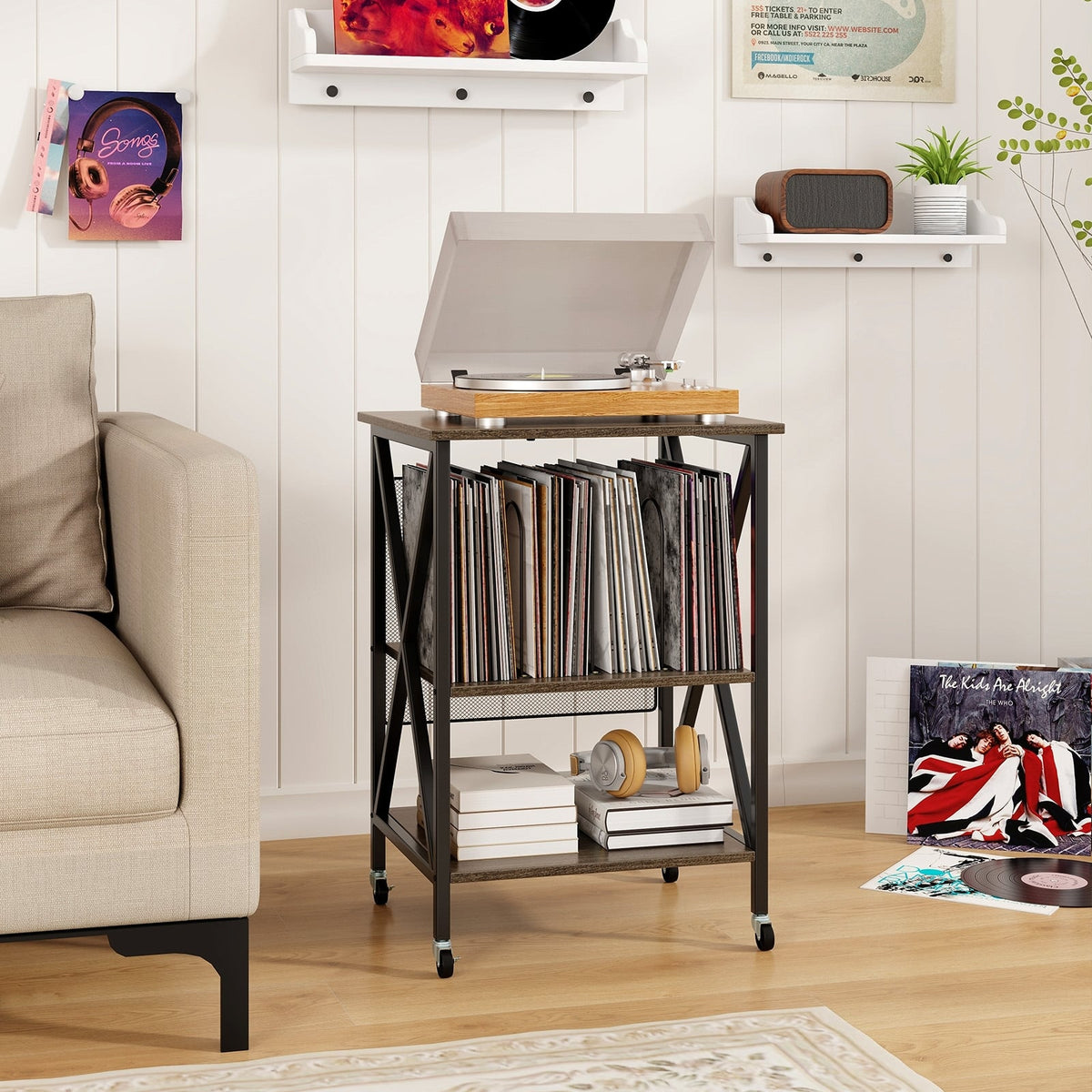 Mid-Century Record Player Stand with Built-in Charging Station-Gray-End & Side Tables-DECOROLALA