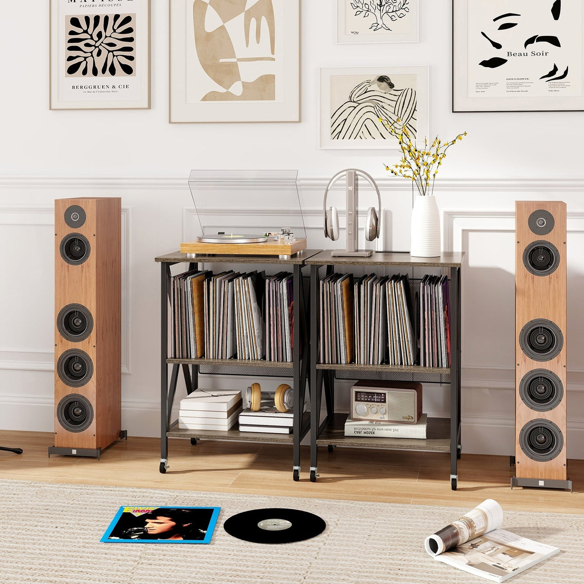 Mid-Century Record Player Stand with Built-in Charging Station-Gray-End & Side Tables-DECOROLALA