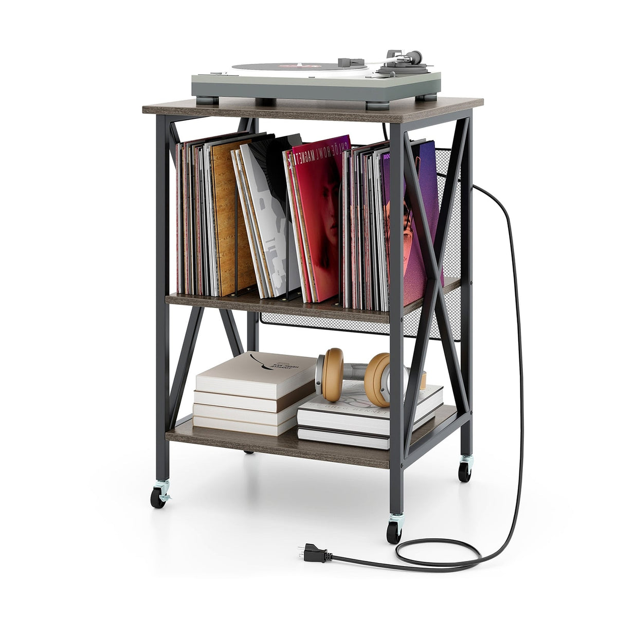 Mid-Century Record Player Stand with Built-in Charging Station-Gray-End & Side Tables-DECOROLALA